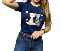 Blusa T-shirt Azul estampa 2 Gatinhos.