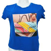 Blusa T-shirt Blusa Azul Estampada Manga Curta Blusa T-shirt Blusa Azul Estampada Manga Curta
