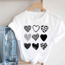 Blusa T-shirt Camiseta Feminina Estampada -Coração- Várias Estampas