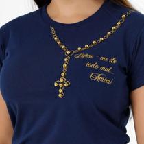 Blusa T-Shirt Pérolas Livrai-me De Todo Mal Azul Marinho Blusa T-Shirt Pérolas Livrai-me De Todo Mal Azul Marinho