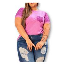 Blusa T-shirt plus size manga e bolso paete tendência feminina