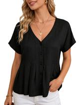 Blusa TBETNE Summer com decote em V de linho e manga curta para mulheres Blusa TBETNE Summer com decote em V de linho e manga curta para mulheres