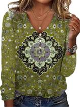 Blusa TBILILO 2025 Boho Floral de manga comprida com decote em V para mulheres Blusa TBILILO 2025 Boho Floral de manga comprida com decote em V para mulheres