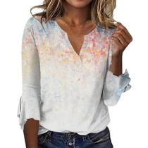 Blusa TBILILO Boho com babados, manga 3/4, decote em V, feminina, 2GG Blusa TBILILO Boho com babados, manga 3/4, decote em V, feminina, 2GG