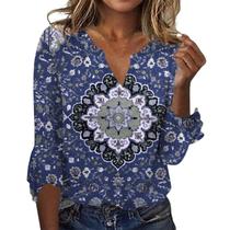 Blusa TBILILO Boho com decote em V com babados, manga 3/4, feminina, azul, GG Blusa TBILILO Boho com decote em V com babados, manga 3/4, feminina, azul, GG