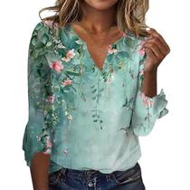 Blusa TBILILO Boho com decote em V com babados, manga 3/4, verde floral, M Blusa TBILILO Boho com decote em V com babados, manga 3/4, verde floral, M