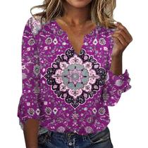 Blusa TBILILO Boho Fashion com decote em V, manga 3/4 para mulheres, roxa, S Blusa TBILILO Boho Fashion com decote em V, manga 3/4 para mulheres, roxa, S