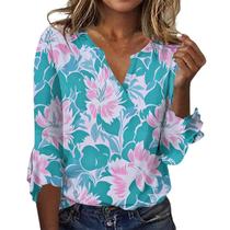 Blusa TBILILO com estampa floral boêmia com decote em V, manga 3/4, manga 3/4, feminina Blusa TBILILO com estampa floral boêmia com decote em V, manga 3/4, manga 3/4, feminina
