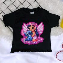 Blusa Tecido Ribana Manga Curta Com Estampa Lilo e Stitch