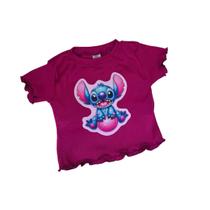 Blusa Tecido Ribana Manga Curta Com Estampa Stitch