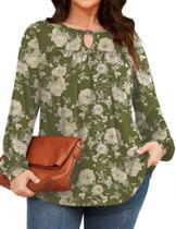 Blusa TFSDOD Peasant para mulheres plus size verde militar floral 5GG Blusa TFSDOD Peasant para mulheres plus size verde militar floral 5GG