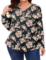 Blusa TFSDOD Plus Size para mulheres com decote em V, manga comprida, caimento solto Blusa TFSDOD Plus Size para mulheres com decote em V, manga comprida, caimento solto