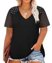 Blusa TIYOMI Plus Size de chiffon com decote em V com pérolas para mulheres