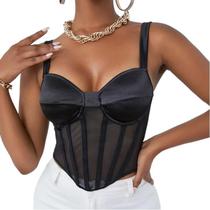 Blusa Top Cropped Corset Bustiê Modelador Transparência Tule