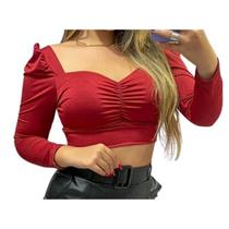 Blusa top cropped manga longa drapeado suplex feminino fashion