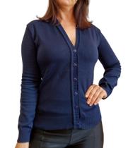 Blusa Tricô Cardigan Feminino Suéter Casaquinho com Botões Gola V Azul Marinho Liso - J Malhas