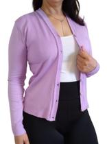 Blusa Tricô Cardigan Feminino Suéter Casaquinho com Botões Gola V Lavanda Liso