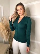 Blusa Tricô Cardigan Feminino Suéter Casaquinho com Botões Gola V Verde Liso
