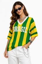 Blusa Tricô Feminina Brasil Torcida Copa Estilo Camisa Oversized
