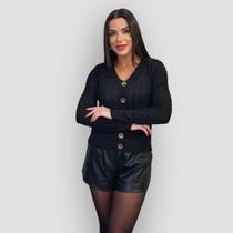 Blusa Tricô Feminina Cardigan Trançado Botão Suéter Gola V