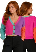 Blusa Tricô Feminina Color Block com Botões e Decote V Moderno