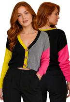 Blusa Tricô Feminina Color Block com Botões e Decote V Moderno - mult mix