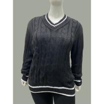 Blusa Tricot Decote V Listras Barra e Gola Plus Size Moderna Colegial Tam GG