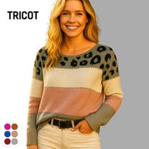 Blusa Tricot Estampa Estampa de Onça Feminina com Manga Longa Blusa Tricot Estampa Estampa de Onça Feminina com Manga Longa