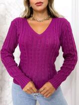 Blusa Tricot Feminina Básica Decote V Trança Manga Longa Blusa Tricot Feminina Básica Decote V Trança Manga Longa