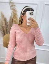 Blusa Tricot Feminina Básica Decote V Trança Manga Longa Blusa Tricot Feminina Básica Decote V Trança Manga Longa