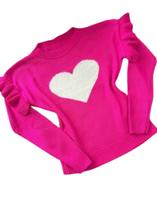 Blusa Tricot Feminina Detalhes Coração e Babados Cor Rosa Pink Neon Tamanho único (M) Veste 38 ao 42 Moda Outono/Inverno