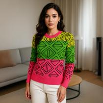 Blusa Tricot Feminina Manga Longa Com Estampa Geométrica Sofisticada Confortável e Versátil