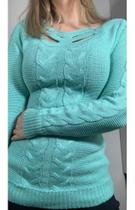 Blusa Tricot Feminina Valentina com Tranças na Manga Tamanho Único (38 ao 42) Verde Piscina