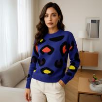 Blusa Tricot Manga Longa Estampa Animal Colors