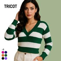 Blusa Tricot Manga Longa Gola V Listra