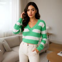 Blusa Tricot Manga Longa Listrado Gola V