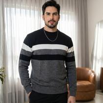 Blusa Tricot Masculina Manga Longa Listrada Inverno Casual Elegante Moda Masculino Tricô Malha de Frio