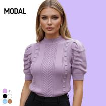 Blusa Tricot Modal Trança Chevron Manga Curta