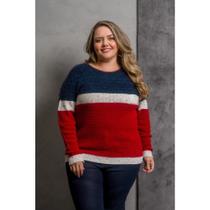 Blusa Tricot Mousse Com Pelinho Angora Listrada Moderna Elegante Plus Size Tam GG