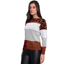 Blusa Tricot Oncinha Manga Longa Frio Inverno Trico Outono Quentinha Listrada Estilosa Tendência Lançamento Inverno