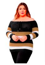 Blusa Tricot Plus Size Feminina Frio Listras Moda Inverno