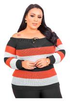 Blusa Tricot Plus Size Feminina Frio Listras Moda Inverno