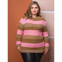 Blusa Tricot Plus Size Listras Elegante Lançamento Inverno Tricô