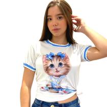 Blusa Tshirt Feminina Gatinha Detalhes Gola E Manga Laço 3d