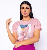 Blusa tshirt feminina poá manga dois babados aplicação estampas diversas básica