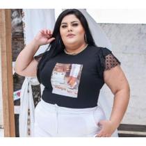 Blusa tshirt plus size manga curta dois babados lisa e tule poá tendência feminina