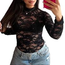 Blusa Tule Body Renda, Onça, Preta Brilho Lurex Sexy Slim Festa Balada Manga Longa Country Rodeio