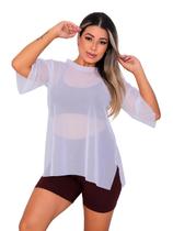 Blusa Tule Feminina Fitness Academia Manga Curta Branco Blusa Tule Feminina Fitness Academia Manga Curta Branco