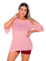 Blusa Tule Feminina Fitness Academia Manga Curta Rose