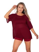 Blusa Tule Feminina Fitness Academia Manga Curta Vinho Cor:VinhoTamanho:Único Blusa Tule Feminina Fitness Academia Manga Curta Vinho Cor:VinhoTamanho:Único
